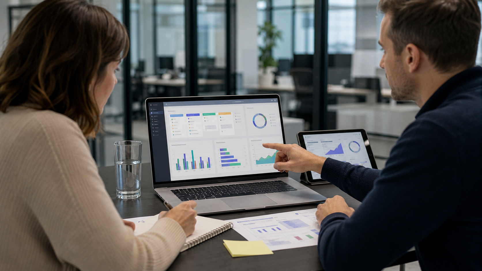 Vertriebsteam prüft eine CRM-Pipeline und Umsatzdiagramme auf Laptop und Tablet