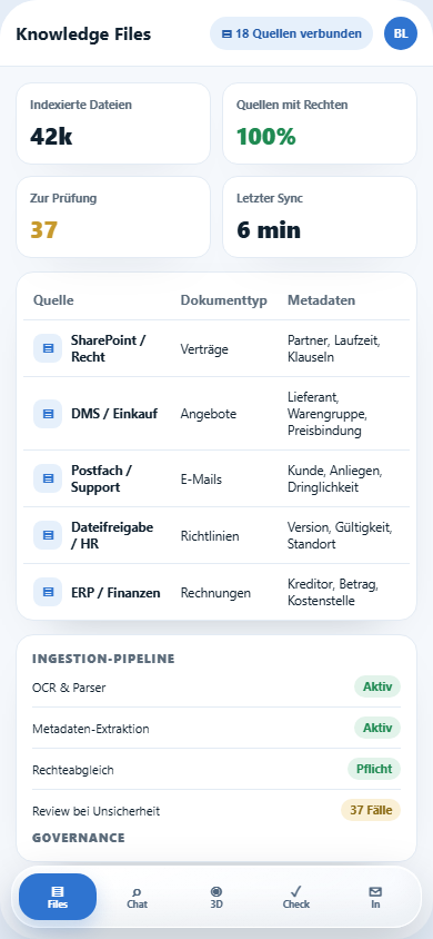 Knowledge Files, Wissens-Chat und Deep Knowledge mobile view