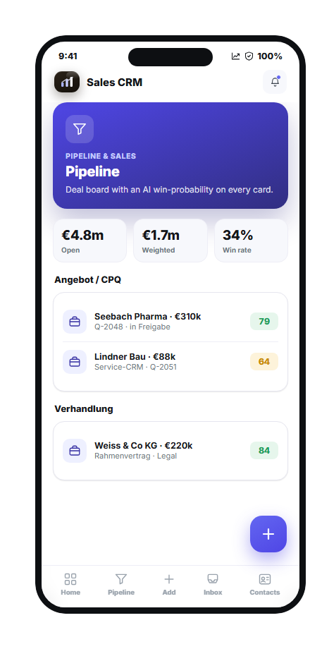Mobile CRM-Pipeline mit KI-Score je Deal