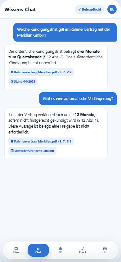 Mobile Oberfläche eines belegbaren Wissens-Chats mit App-Navigation