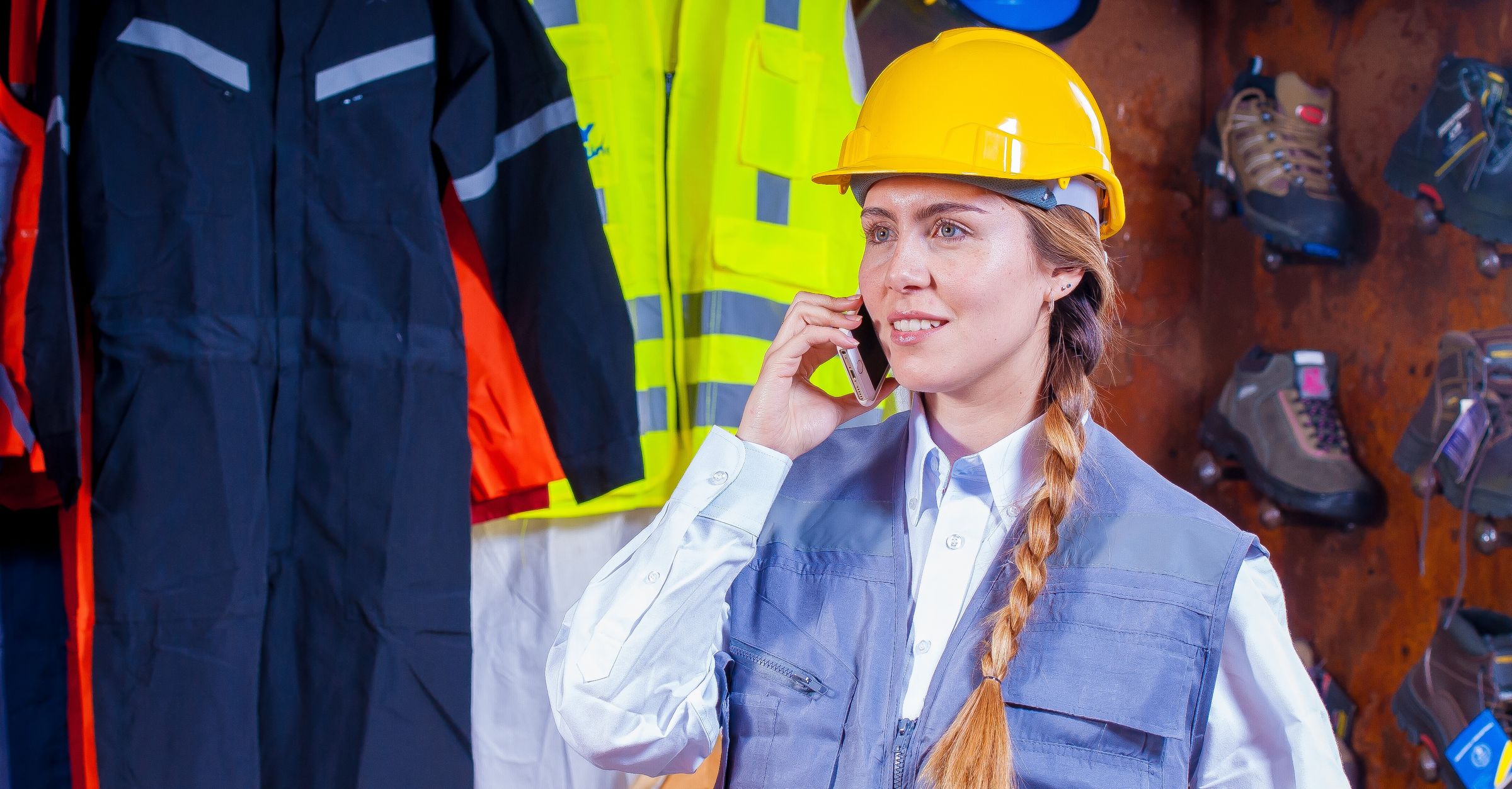 Engineer in safety gear using a phone for construction time tracking
