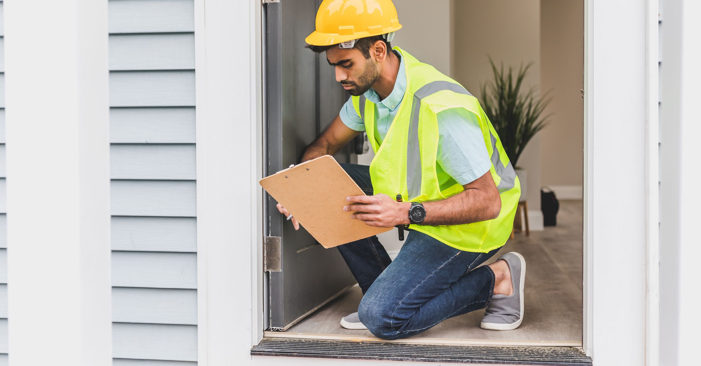 Home inspector checking a house interior for warranty and service work